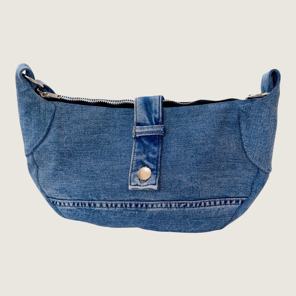 Brooklyn Crescent Upcycled Denim Crossbody Bag Light Blue