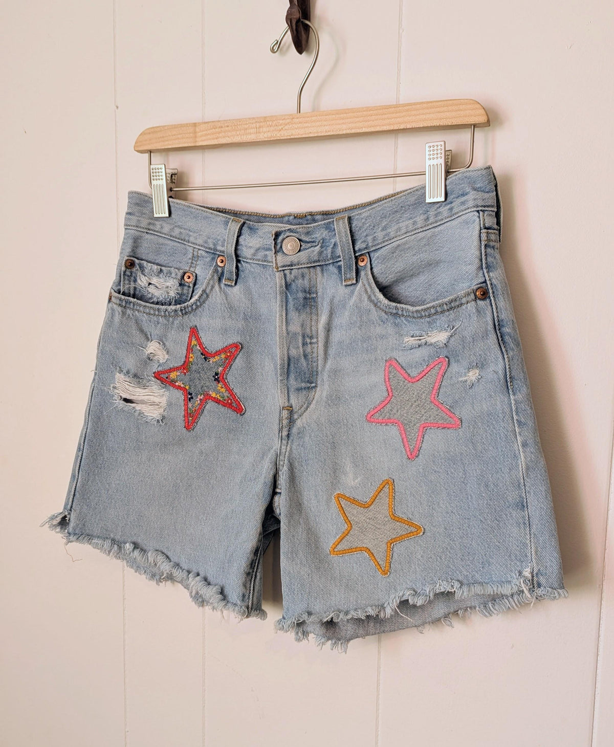 Embroidered Patchwork Star Shorts- Light Wash Distressed Levi's 501
