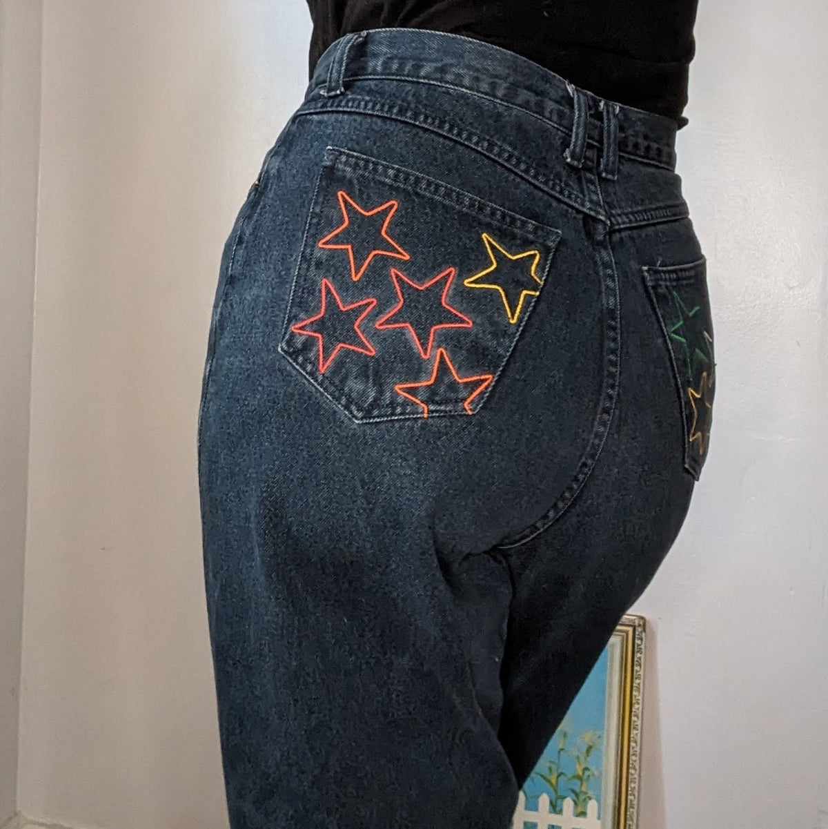 Reworked Embroidered Rainbow Star Pocket Jeans