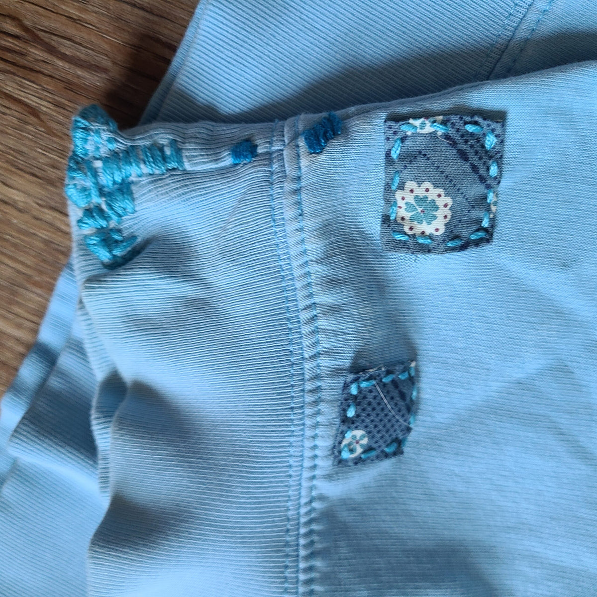 Blue Sweatshirt with Bird Print and Visible Mends
