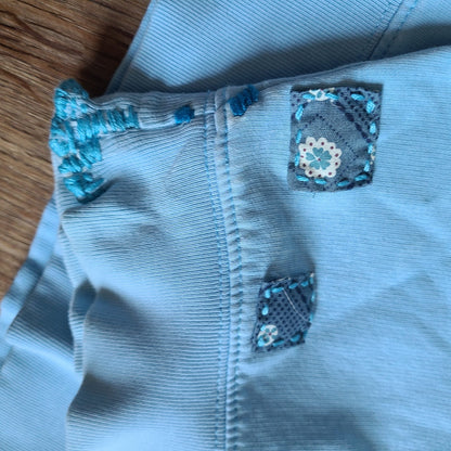 Blue Sweatshirt with Bird Print and Visible Mends
