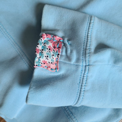Blue Sweatshirt with Bird Print and Visible Mends