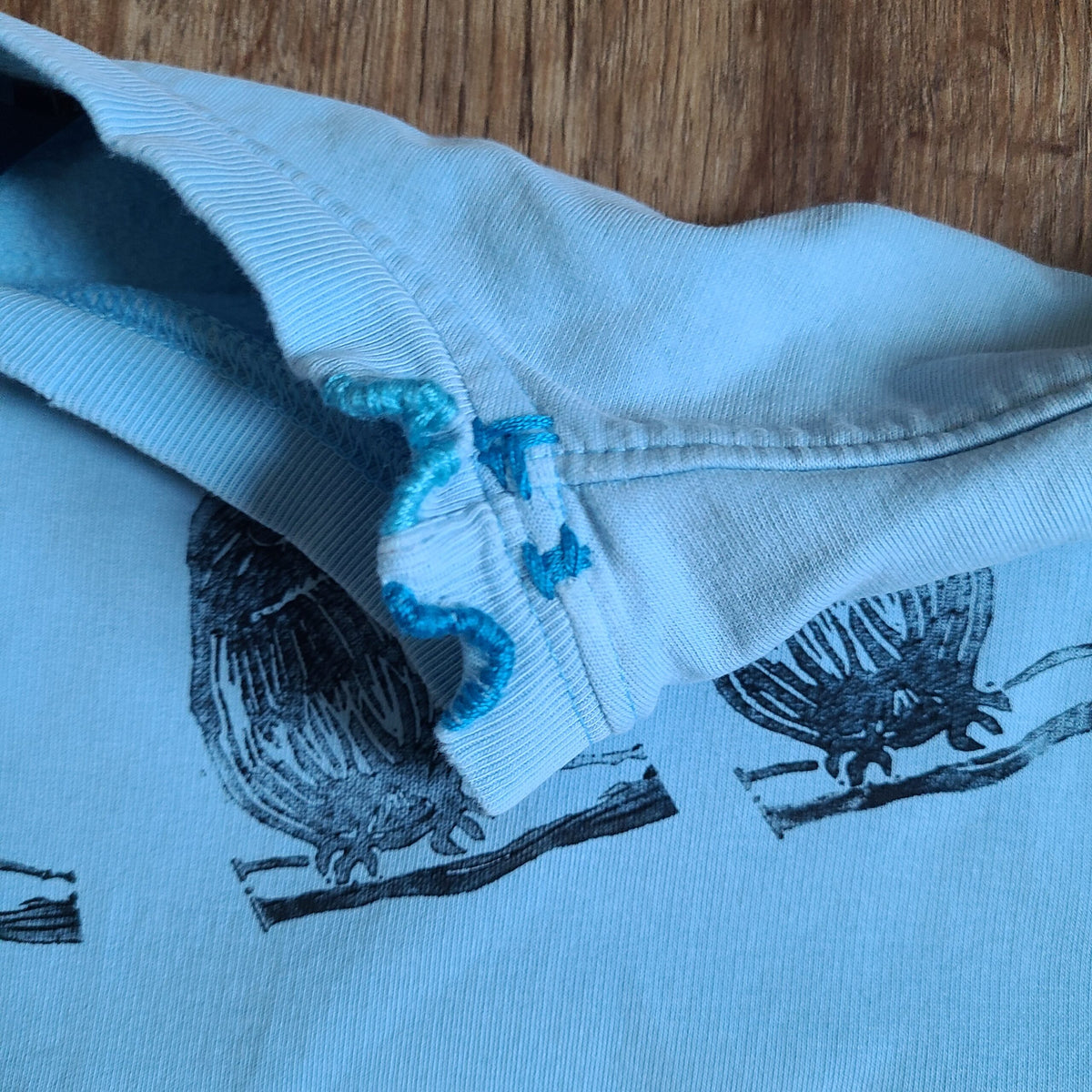 Blue Sweatshirt with Bird Print and Visible Mends