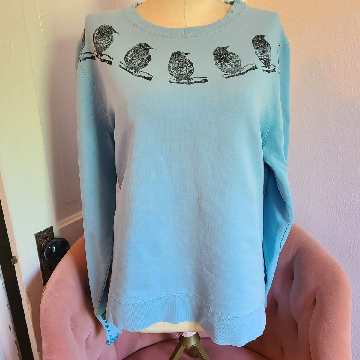 Blue Sweatshirt with Bird Print and Visible Mends
