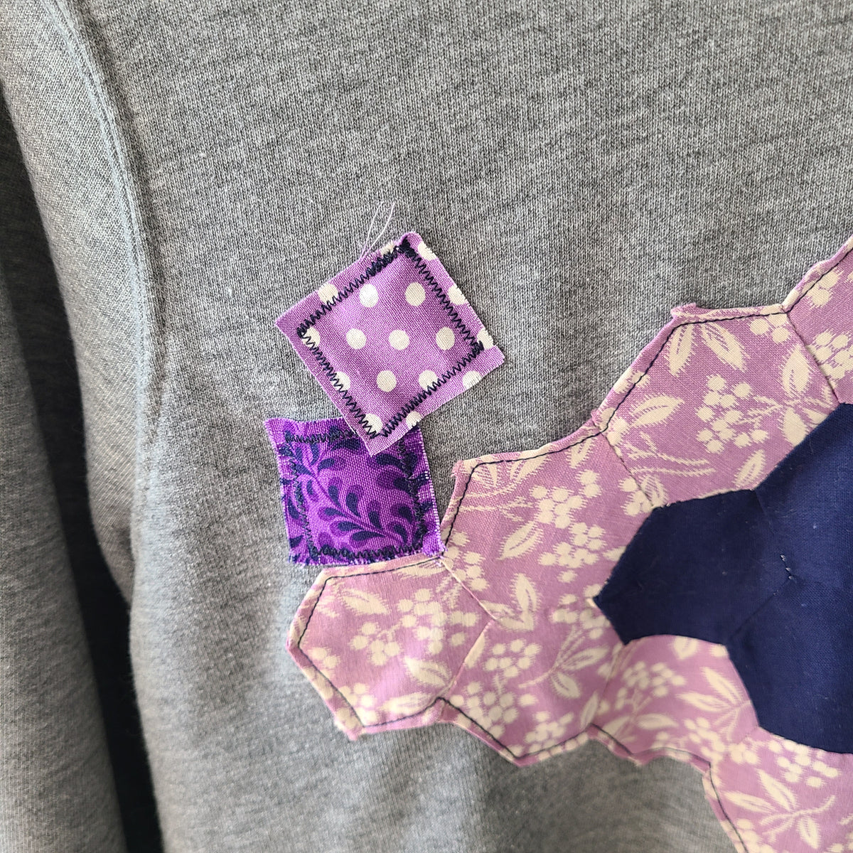 Dark Gray Sweatshirt with Quilt Patches and Kitty Cat Print