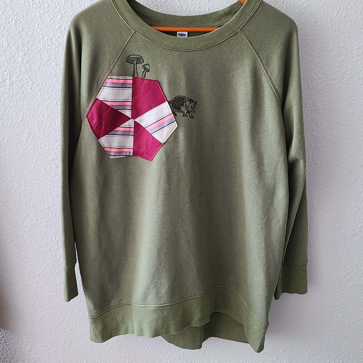 Green Tunic Sweatshirt with Possum Print and Vintage Quilt Piece