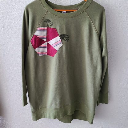 Green Tunic Sweatshirt with Possum Print and Vintage Quilt Piece