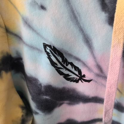 A tie dye hoodie with a feather on it.