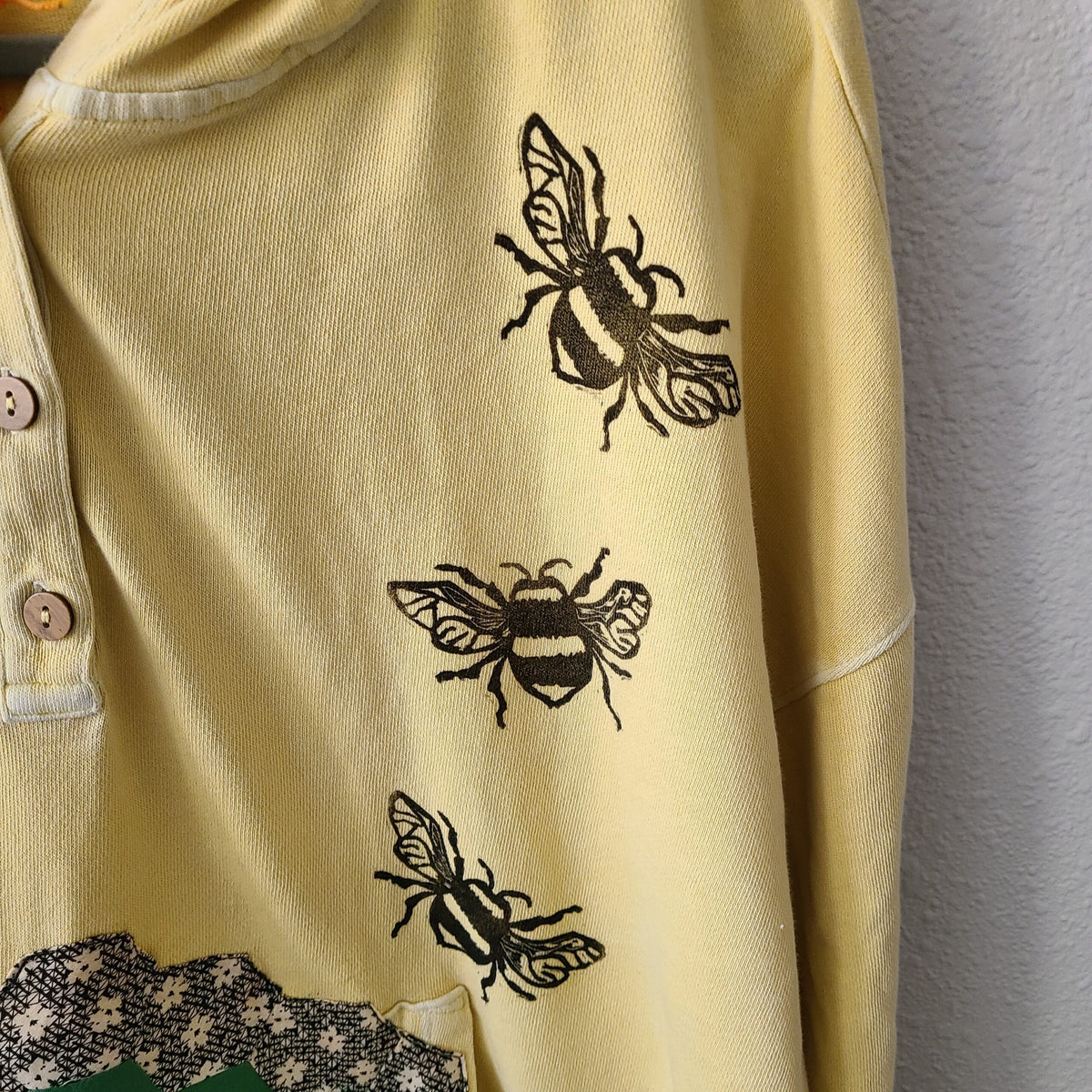 Bumblebee Print with Vintage Quilt Piece Hoodie