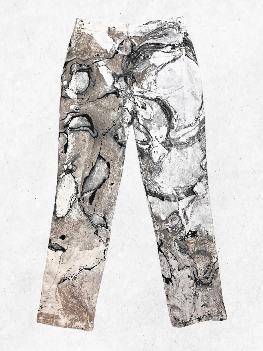 A pair of pants with a marble pattern on them.
