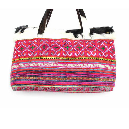 Upcycled Hmong Textile Cowhide One-of-a-kind Leather Tote Purse - Thailand