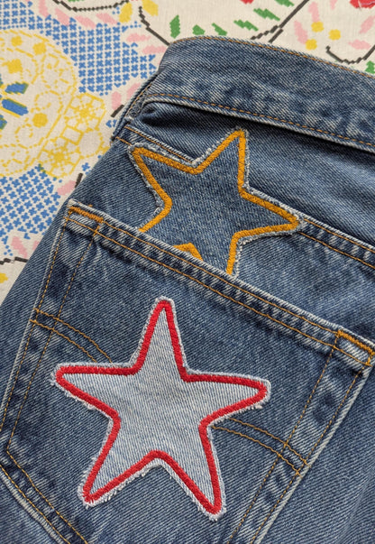 Patchwork Star Jeans- Medium Wash Levi's with Handmade Star Patches