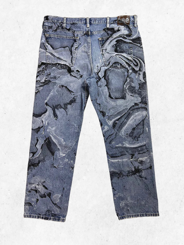 An image of a pair of jeans with a print on them.