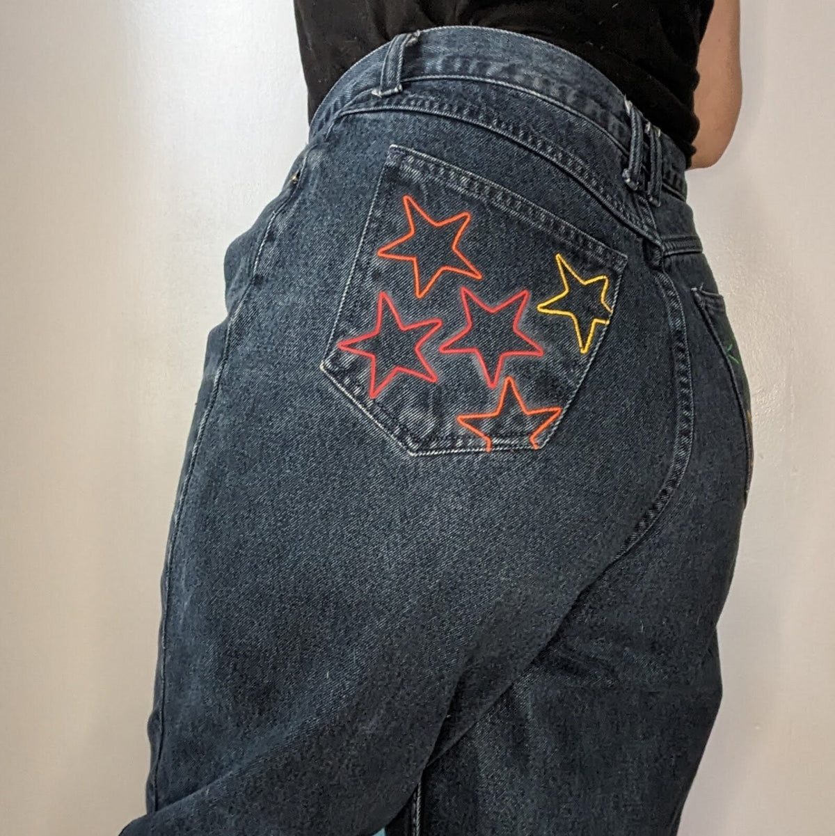 Reworked Embroidered Rainbow Star Pocket Jeans