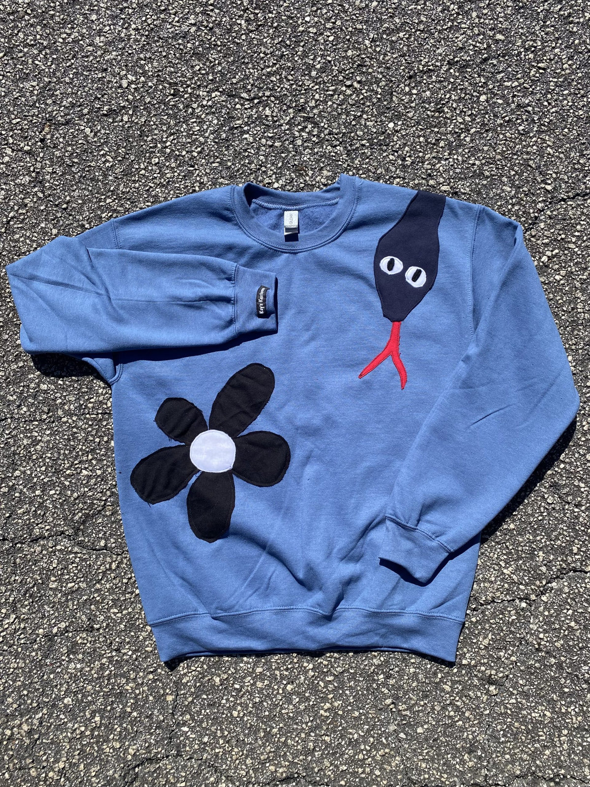 a blue sweatshirt with a black bird on it.