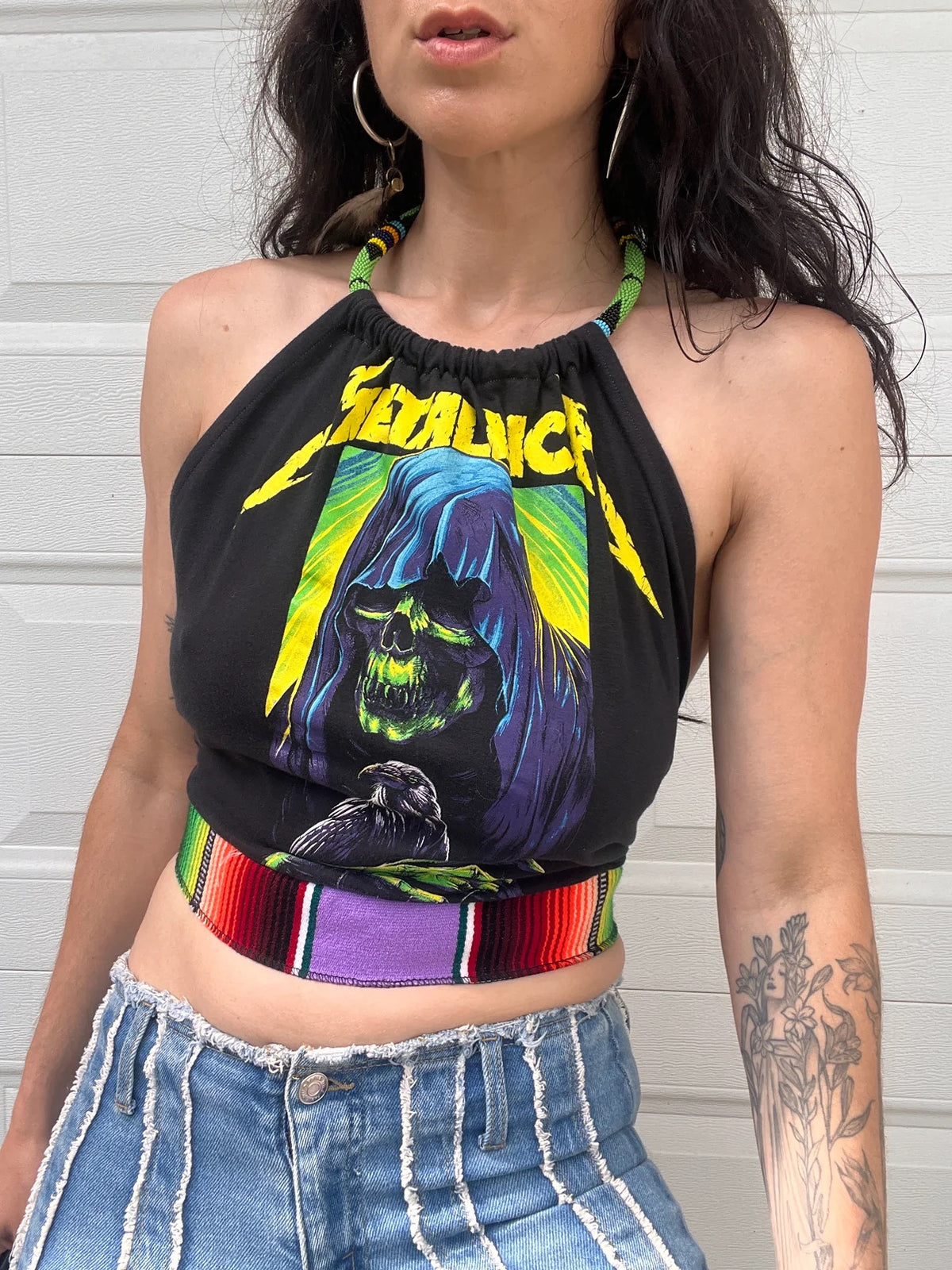 Metallica Beaded Halter Backless Halter Crop Top