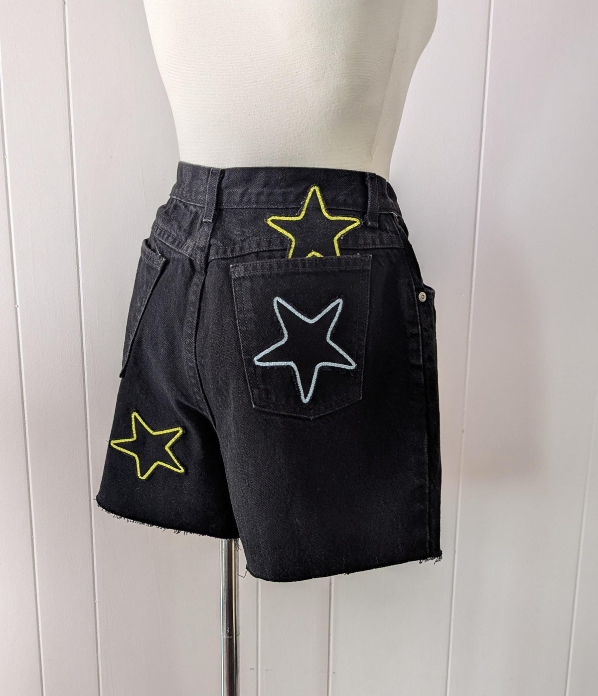 Black Denim Patchwork Star Shorts