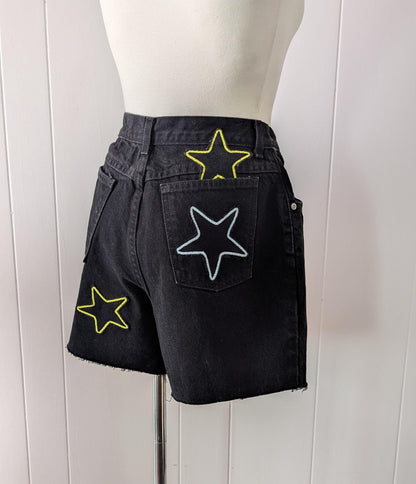 Black Denim Patchwork Star Shorts