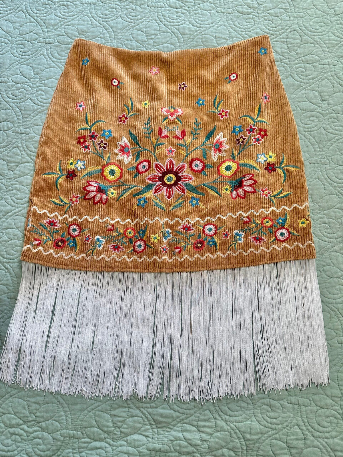 Corduroy embroidered skirt w/ 8 inch fringe