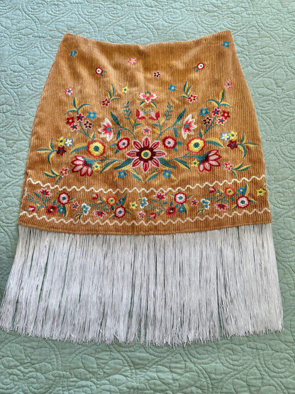 Corduroy embroidered skirt w/ 8 inch fringe