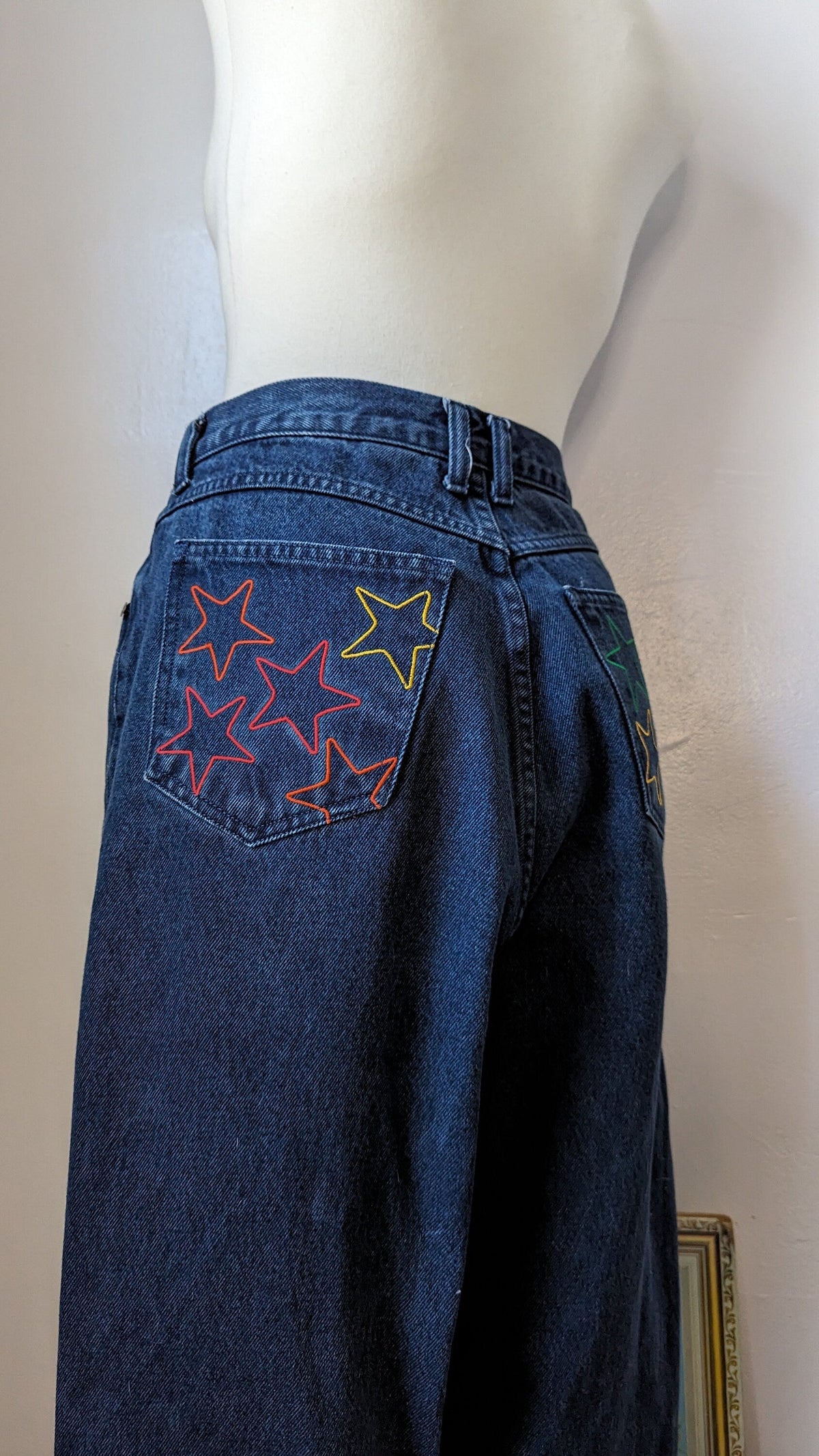 Reworked Embroidered Rainbow Star Pocket Jeans