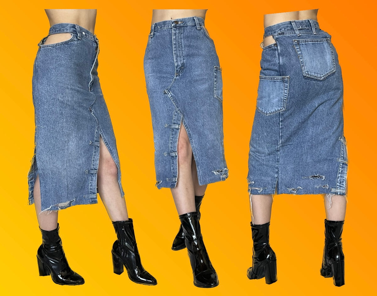 Three different views of a Denim midi skirt with slit and cutouts.