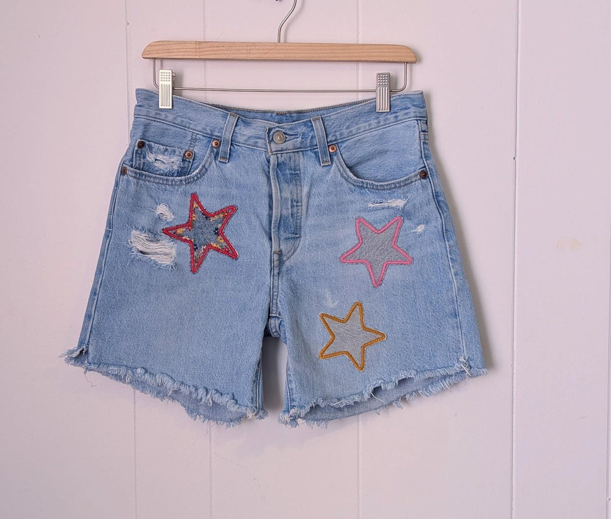 Embroidered Patchwork Star Shorts- Light Wash Distressed Levi's 501
