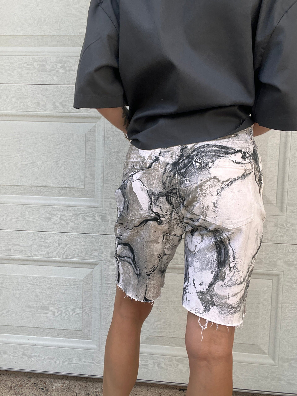 Marble Painted Denim Cut Off Shorts - 31"