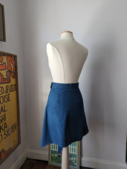 Reworked Upcyced Embroidered Denim Kangaroo Pocket Skirt