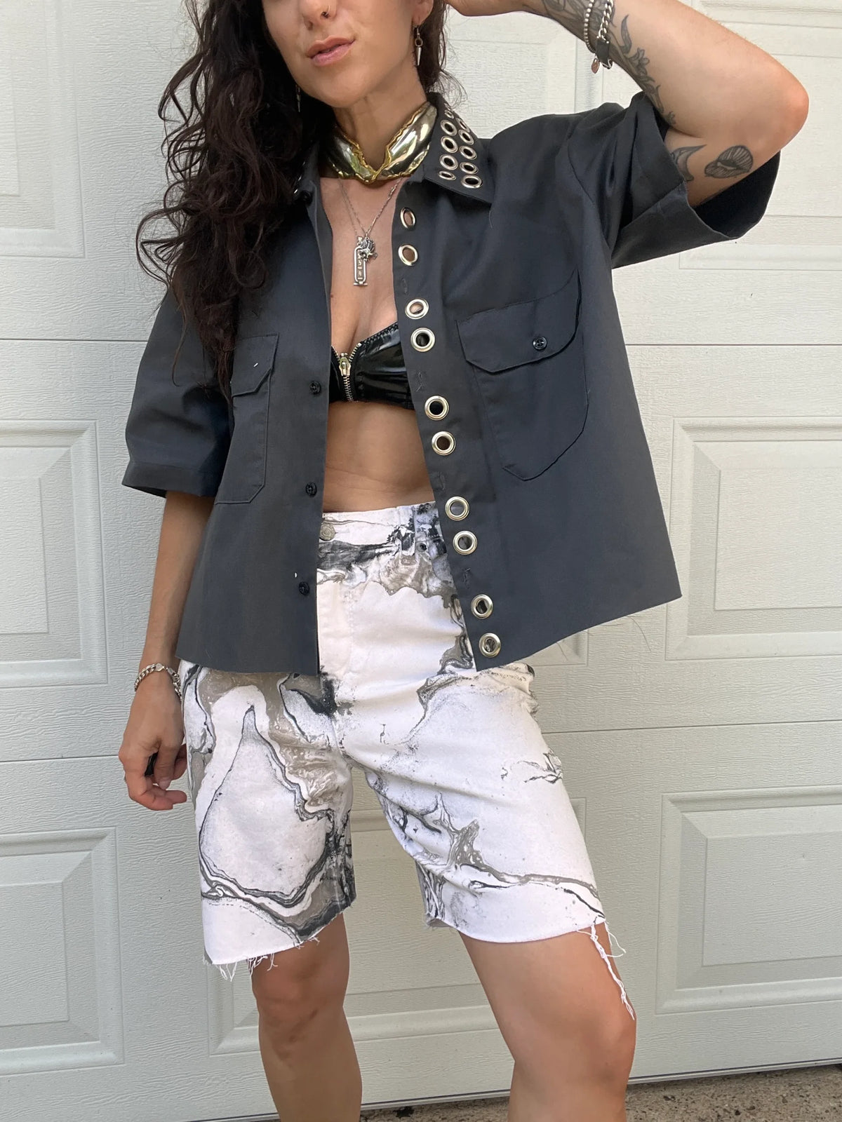 Marble Painted Denim Cut Off Shorts - 31"