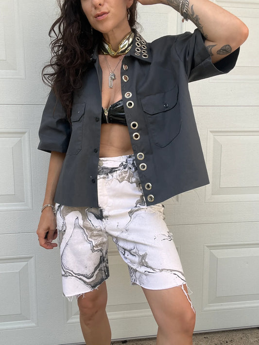 Marble Painted Denim Cut Off Shorts - 31"