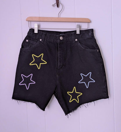 Black Denim Patchwork Star Shorts
