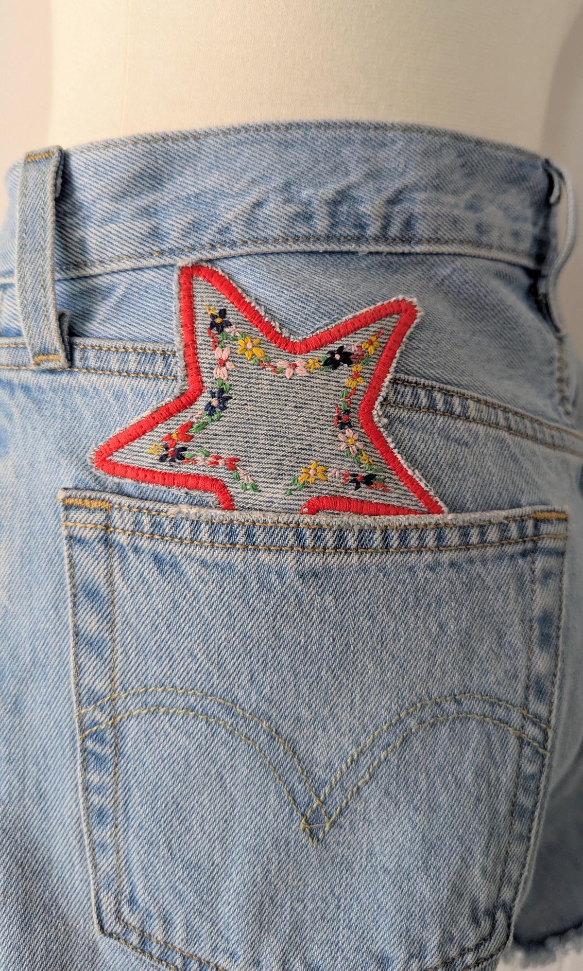 Embroidered Patchwork Star Shorts- Light Wash Distressed Levi's 501