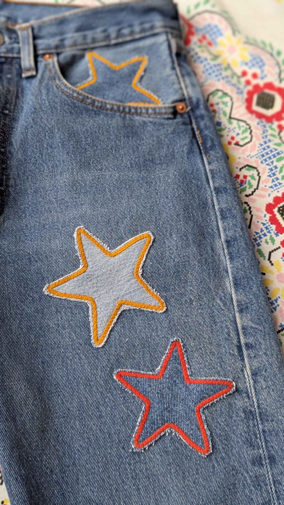 Patchwork Star Jeans- Medium Wash Levi's with Handmade Star Patches