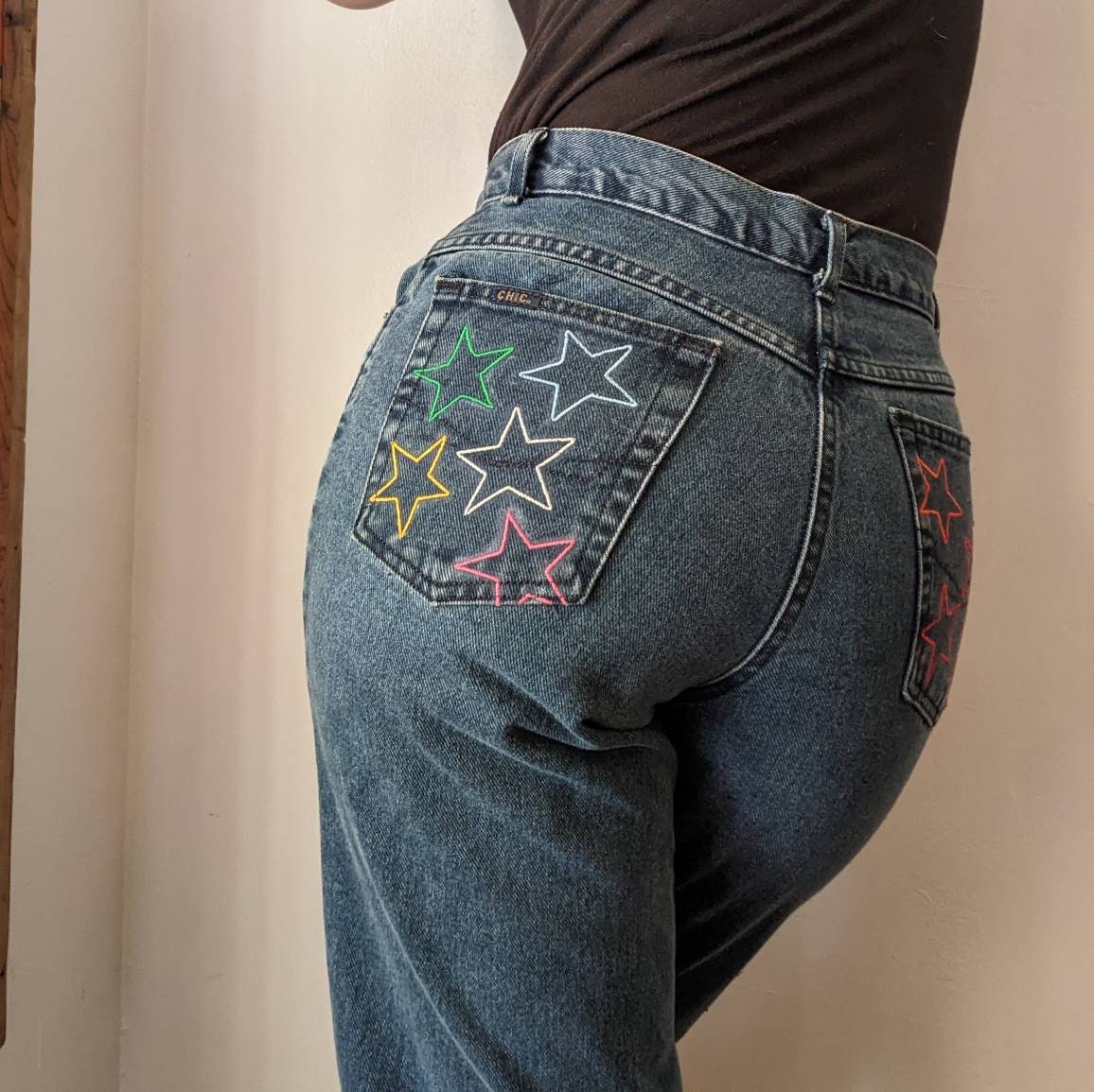 Original Reworked Embroidered Rainbow Star Jeans