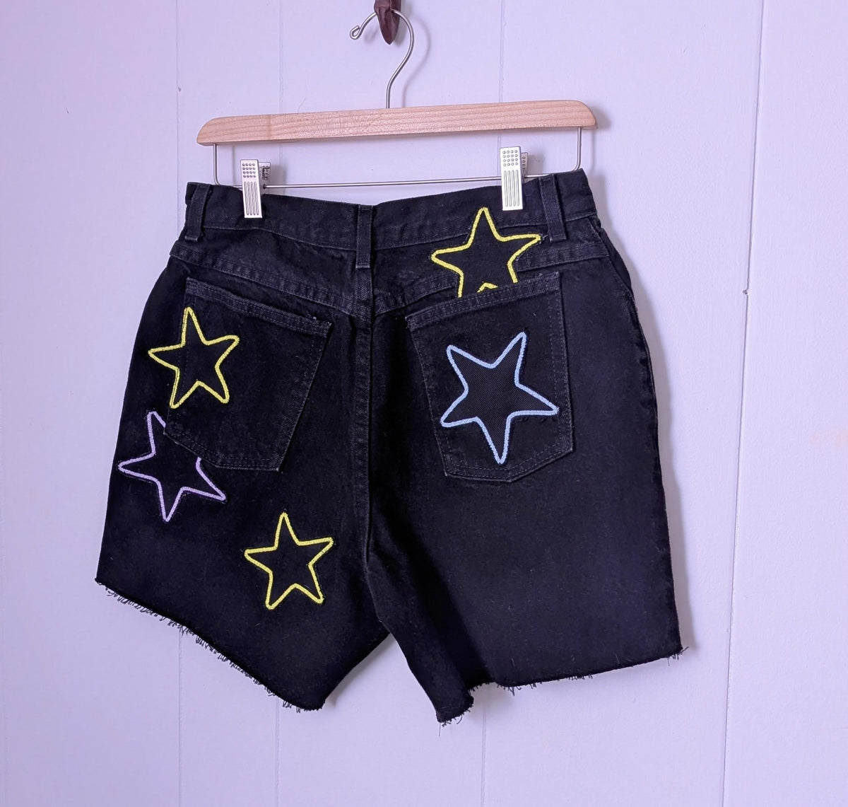 Black Denim Patchwork Star Shorts