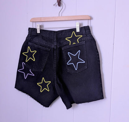 Black Denim Patchwork Star Shorts