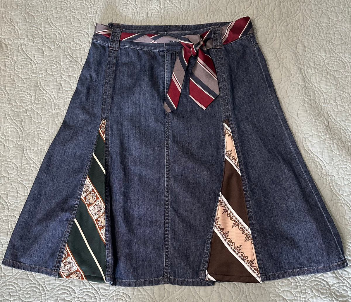 Denim skirt embellished with vintage ties Liz Claiborne sz 12
