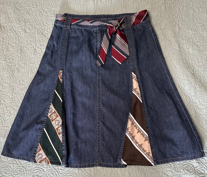 Denim skirt embellished with vintage ties Liz Claiborne sz 12