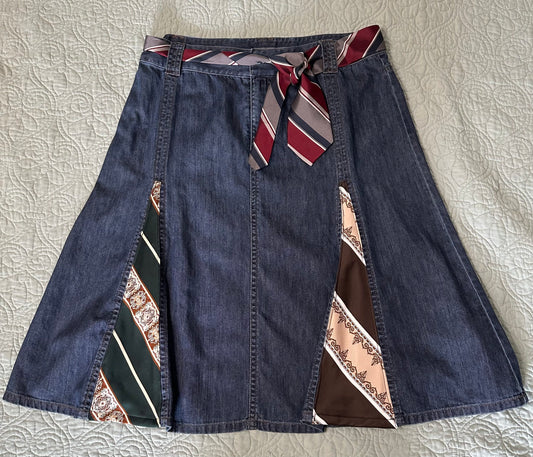 Denim skirt embellished with vintage ties Liz Claiborne sz 12