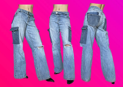 Three pairs of Denim Two-Toned Baggy Cargo Pants for women are shown in three different positions.