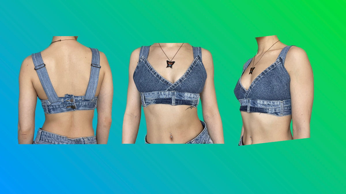 A woman wearing a Denim Bralette Top and jean overalls.