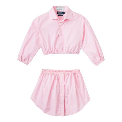Pretty In Pink 2 piece shirt skirt set on a white background.