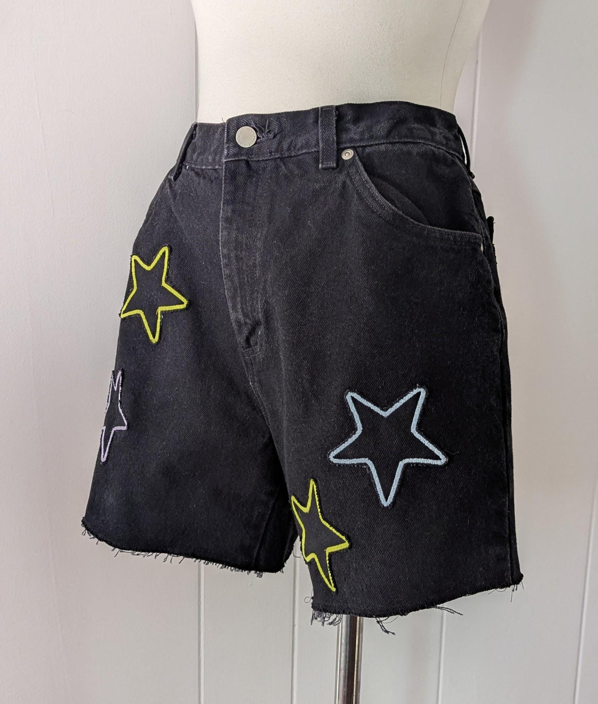Black Denim Patchwork Star Shorts