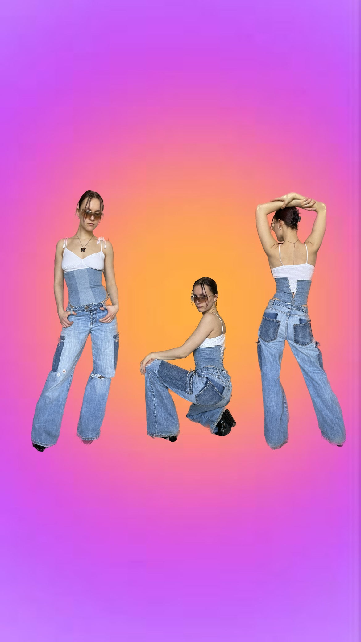 a collage of three images of a woman in Denim Two-Toned Baggy Cargo Pants.