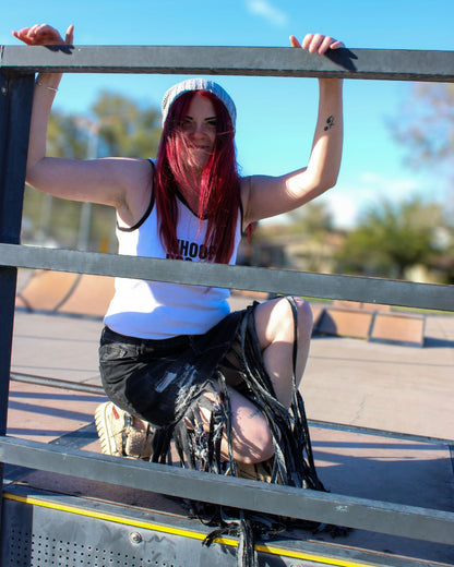 Midnight Outlaw Black Denim Fringe Skirt by The Modern Alien, photo 17