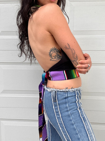 Metallica Beaded Halter Backless Halter Crop Top