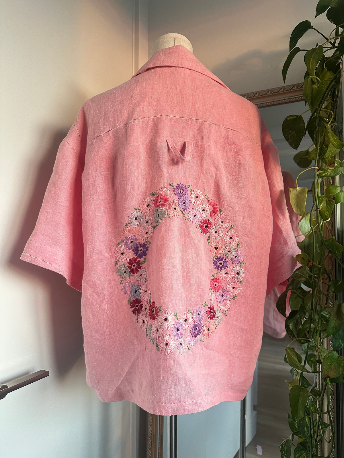 Pink Irish Linen Embroidered Cropped Top by Finding Doll