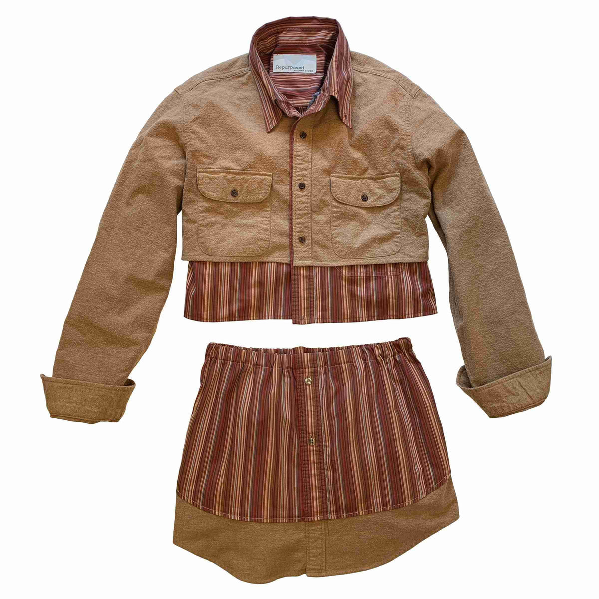 a woman's outfit with a jacket and shorts.