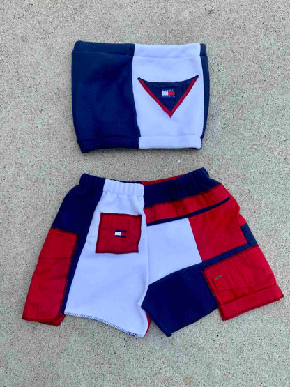 a pair of red, white, and blue shorts.